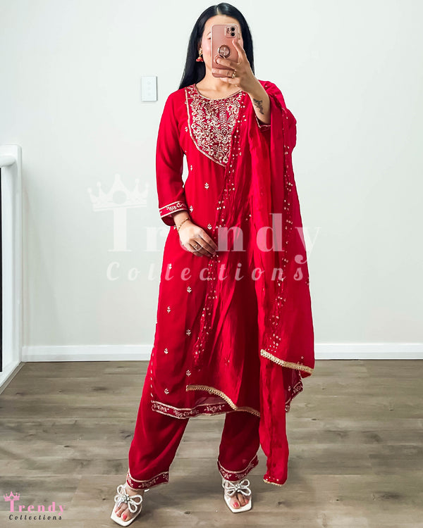 3 PIECE GEORGETTE KURTHA  SET WITH ZARI & MIRROR EMBROIDERY - RED ( Size 38- 42 available)