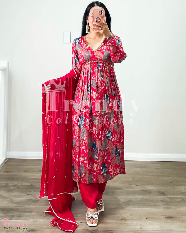 3 PIECE ALIA CUT CHINNON KURTHA  SET WITH BEADS EMBROIDERY - PINK ( Size 38 - 42 available)