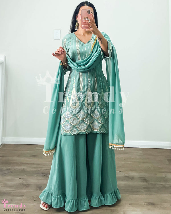 Aqua Green Sharara Set with Sequin & Thread Embroidery (Sizes 32-38)