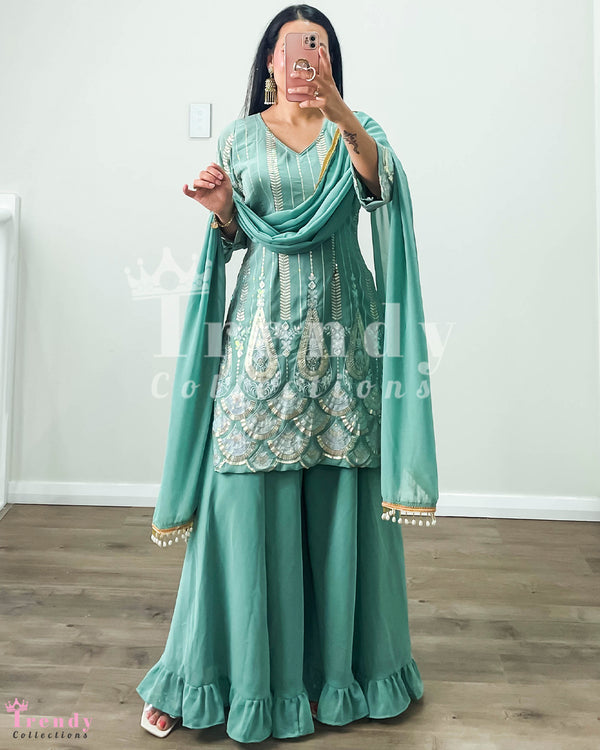 DESIGNER 3 PIECE GEORGETTE SARARA SET WITH SEQUIN & THREAD EMBROIDERY - TEAL GREEN (Size 32 - 42 available)