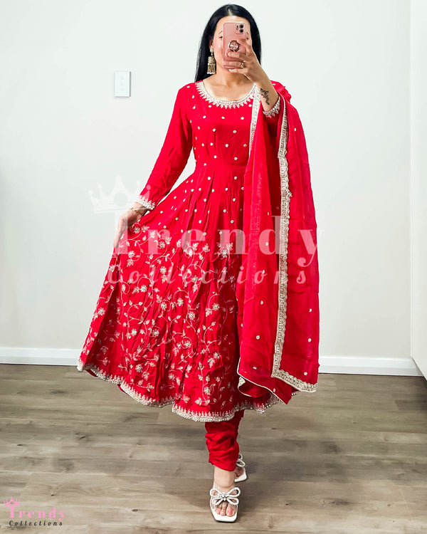 3 PIECE MUSLIN SILK ANARKALI SET WITH HEAVY ZARI EMBROIDERY - RED ( Size 36 - 42 available)