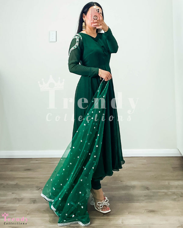 DESIGNER 3 PIECE GEORGETTE ANARKALI SET WITH HAND EMBROIDERY - DARK GREEN (Size 34 - 44 available)