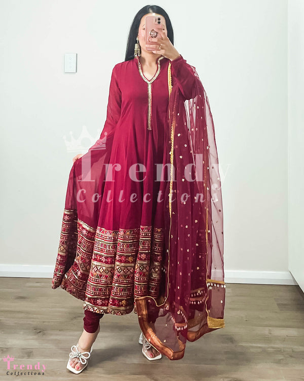 Rajasthani-Inspired Maroon Georgette Anarkali Set - Sizes 30 to 38