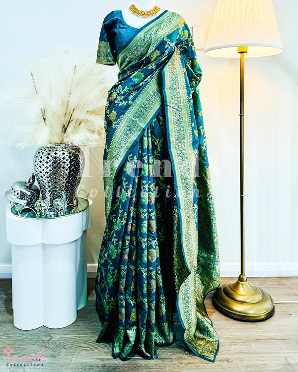 Traditional Partywear Dola Silk Saree Set in Navy Blue (Sizes 34 - 44 available)