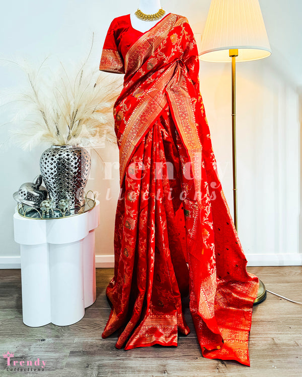 Traditional Nepali / Indian Dola Silk Saree Set in Red (Sizes 34 - 44 available)