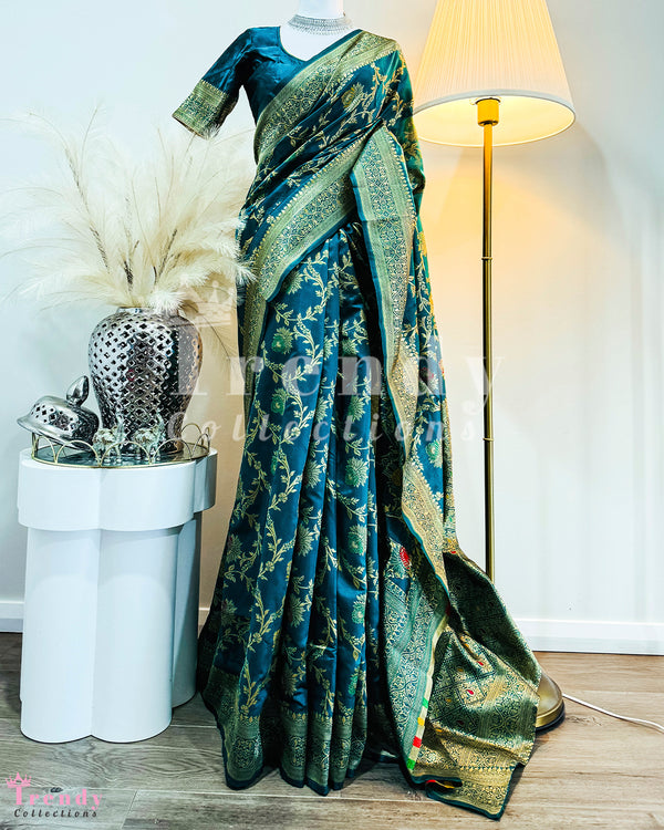 Traditional Partywear Dola Silk Saree Set in Navy Blue (Sizes 34 - 44 available)