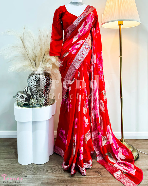 Delicate Red Saree Set With Floral Print (Sizes 32 - 42 available)