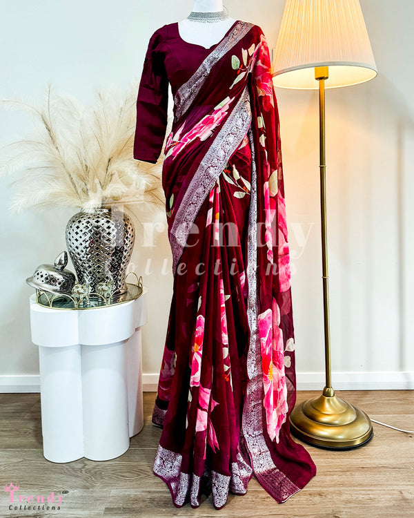 Delicate Dark Maroon Saree Set With Floral Print (Sizes 32 - 38 available)