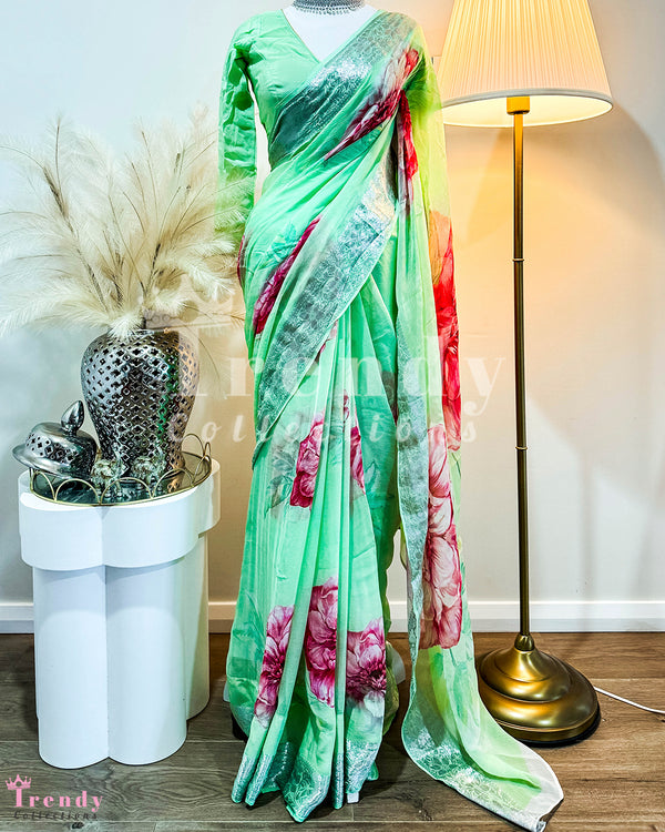 Soft Light Green Saree Set With Floral Print (Sizes 32 - 40 available)