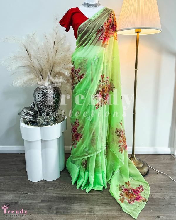 Light Green Floral Chiffon Saree & Maroon Blouse Set