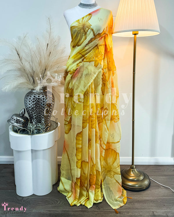 Light Yellow Floral Printed Chiffon Saree with Pico & Falls Finish