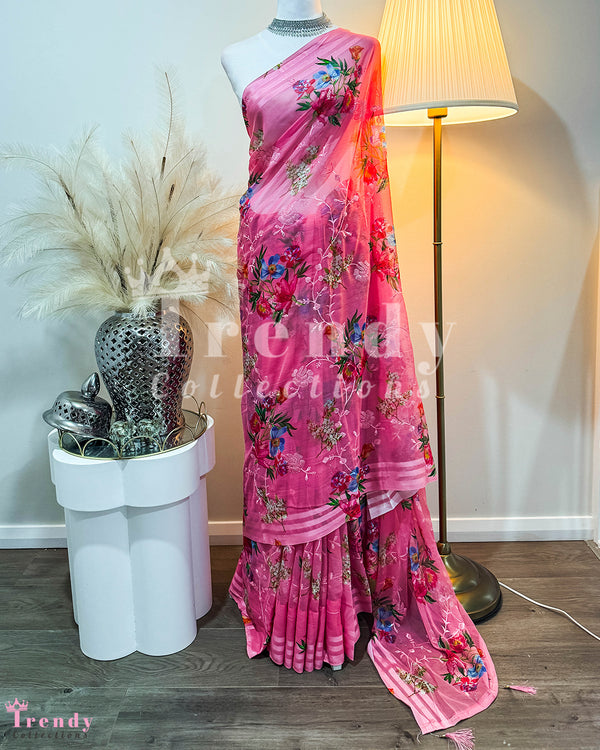 Peach Pink Floral Printed Chiffon Saree with Pico & Falls Finish