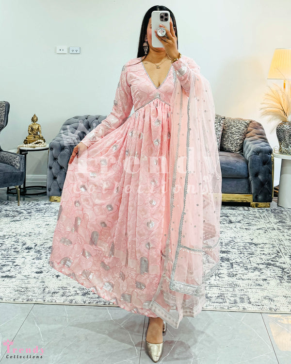 Peach Pink Georgette Designer Anarkali Set with Thread & Sequin Embroidered  (Sizes 32 - 42)