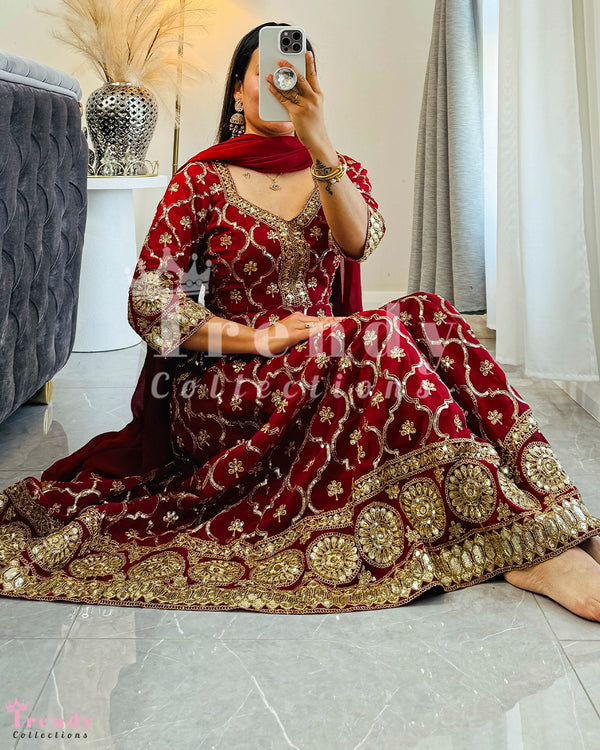 Maroon Party Wear Anarkali Set With Heavy Golden Embroidery (Sizes 32 - 44)