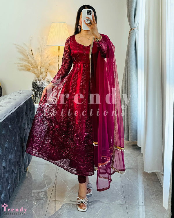 Wine Color Party Wear Anarkali Set With Zari & Seqin Embroidery (Sizes 32 - 40)
