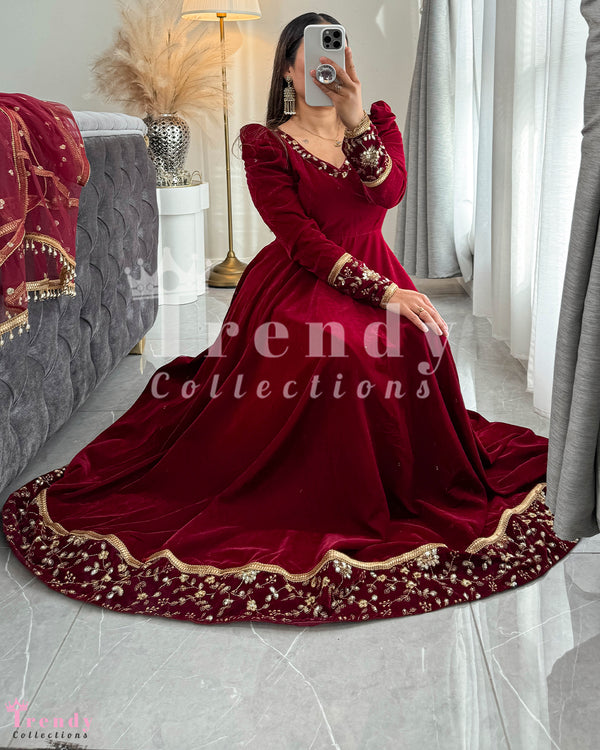 Maroon Velvet Party Wear Embroidered Long Anarkali / Gown Set (Sizes 32 - 42)