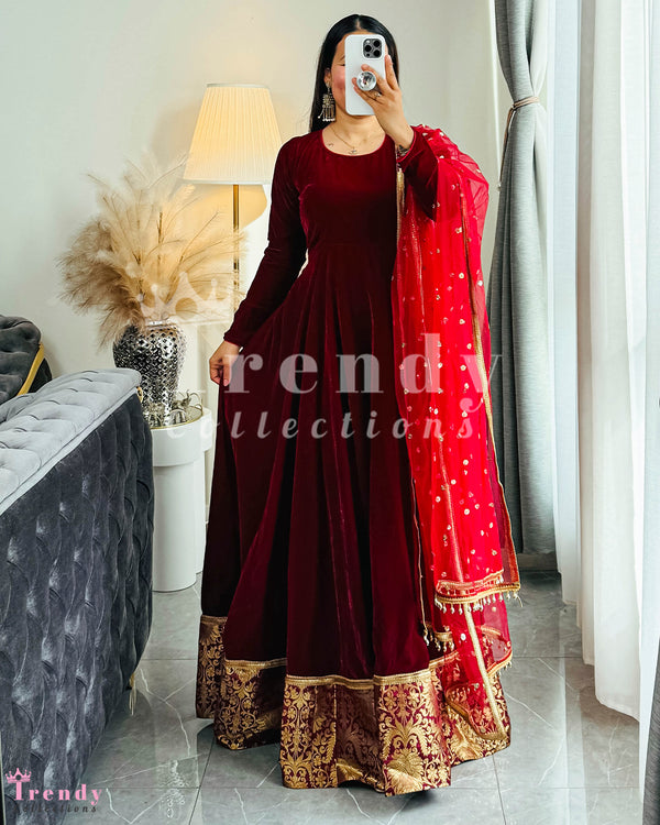 Maroon Shiny Velvet Long Anarkali / Gown 2 Piece Set with Banarasi Style Big Boarder (Sizes 34 - 46)