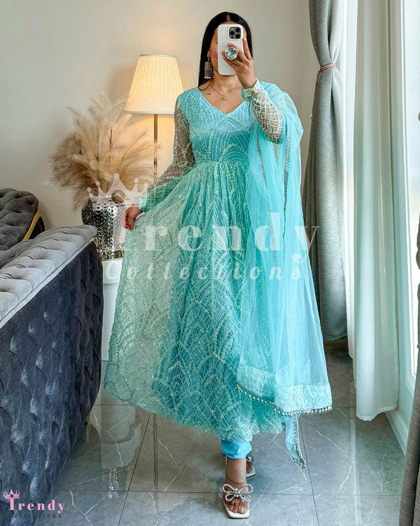 Aqua Blue Desinger Anarkali Set, Heavily Embridered with Sequin & Beads ( Sizes 36 to 38)