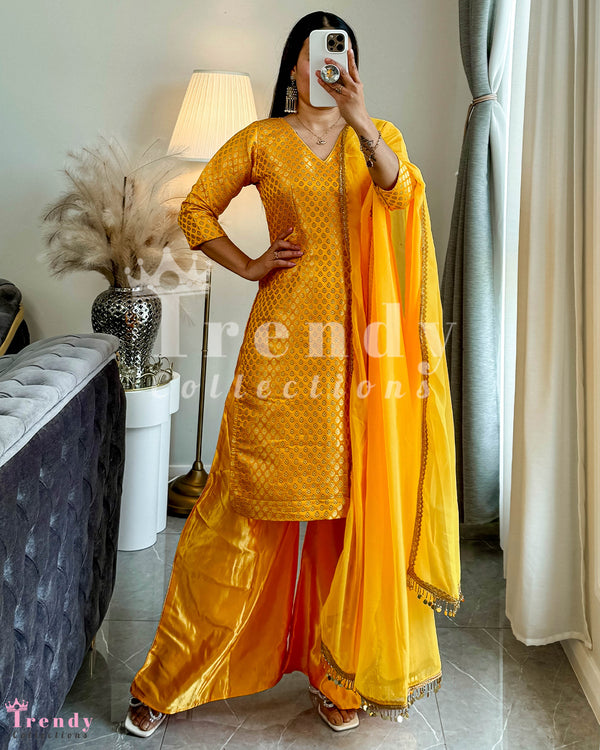 Banarasi Fabric Designer Kurtha Plazo Set in Yellow (Size 32-38)