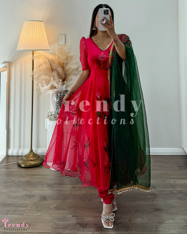 Rani Pink Soft Organza Anarkali Set with Green Shawl ( Sizes 32 to 42)