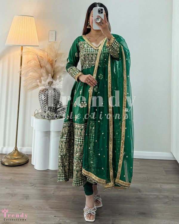 Forest Green Anarkali Set with Golden Zari Embroidery - Sizes 32-43