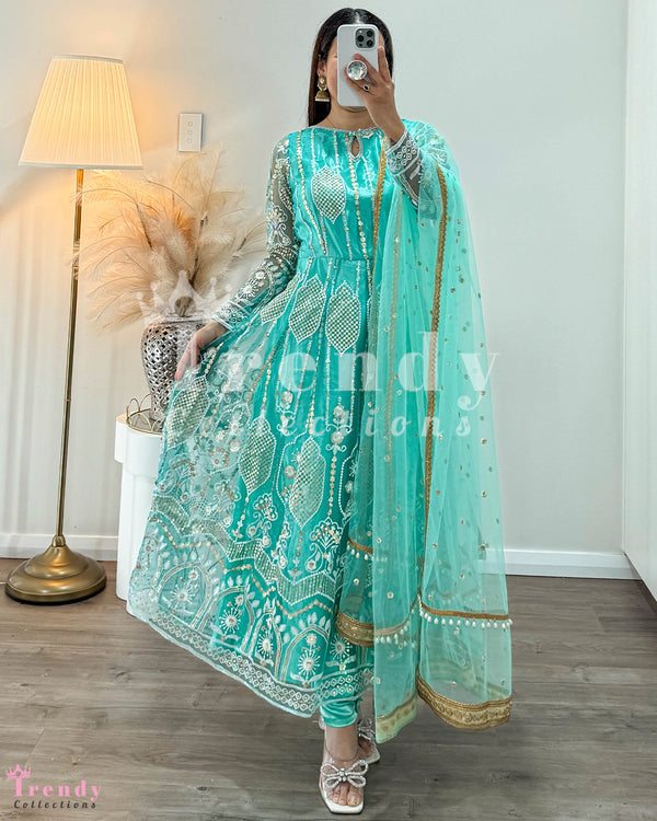 Turquoise Net Anarkali Set with Thread & Sequin Embroidery – Sizes 34-42