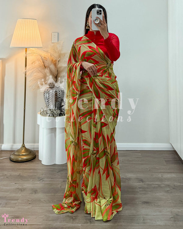 Light Green & Red Light Easy To Wear Flowy Chiffon Saree with Pico & Falls