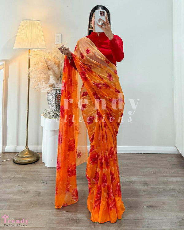 Orange Light Easy To Wear Flowy Chiffon Saree with Pico & Falls