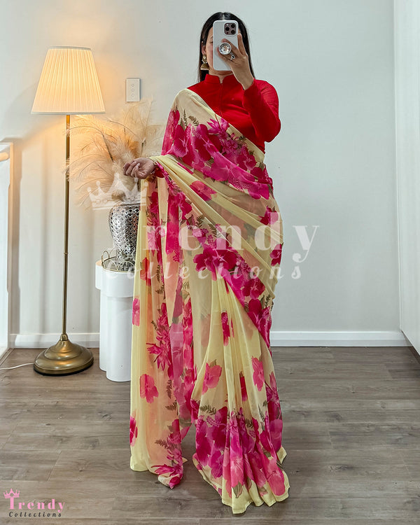 Light Yellow & Pink Easy To Wear Flowy Chiffon Saree with Pico & Falls