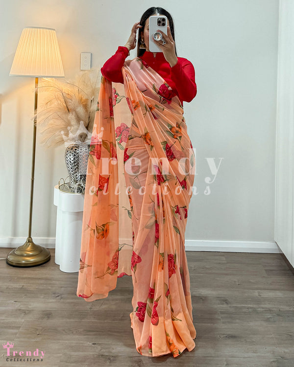 Light Orange Easy To Wear Flowy Chiffon Saree with Pico & Falls