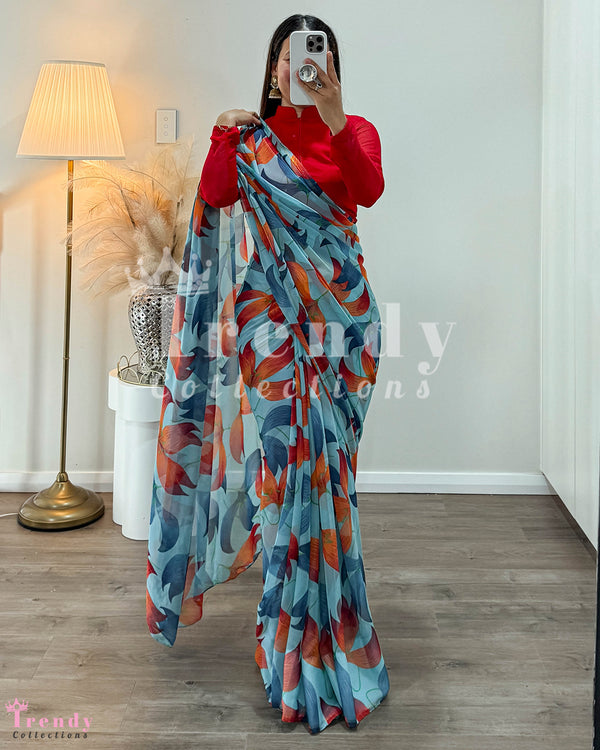 Sky Blue Easy To Wear Flowy Chiffon Saree with Pico & Falls