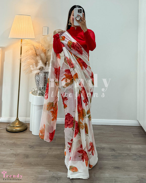 White  Floral Light Weight Chiffon Saree with Pico and Falls