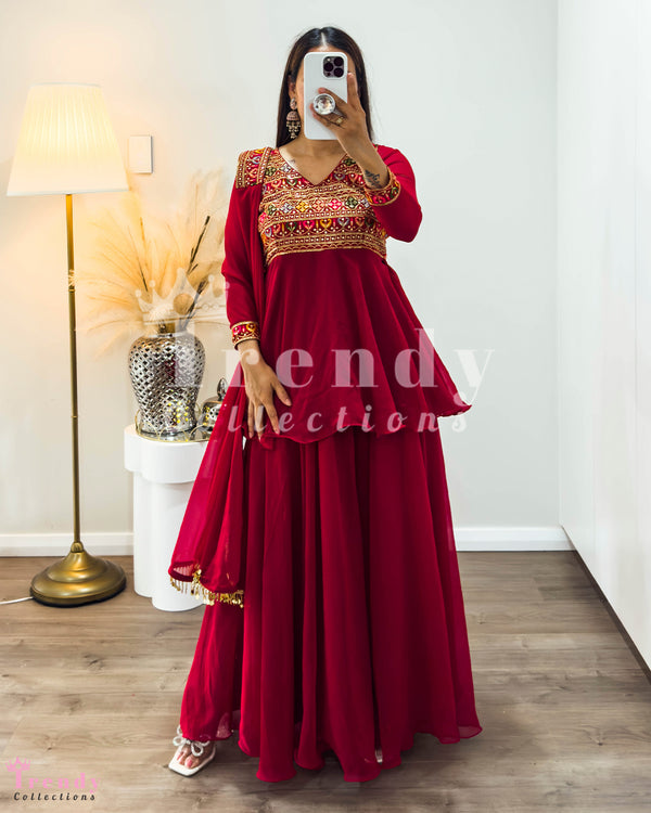 Ruby Red Embroidered Sarara Set with Shawl (Sizes 32-42)