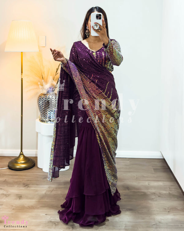 Plum Sequined Designer Saree Set with Blouse & Petticoat (Sizes 34-40)