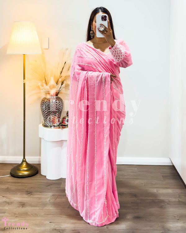 Pink Designer Georgette Saree Set with Hand Beaded Work (Sizes 32-40)