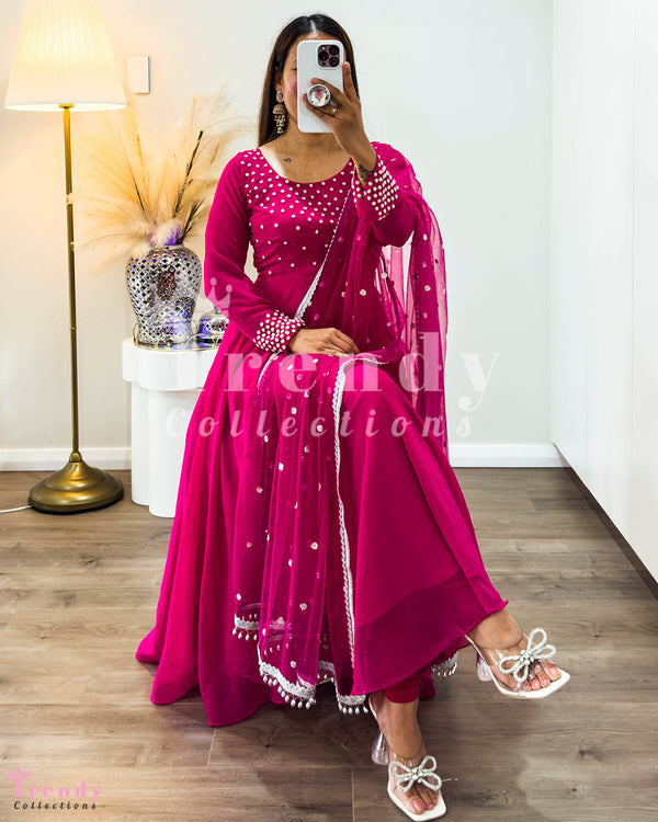Rani Pink Georgette Anarkali Set with Embroidered Beads and Shawl (Sizes 34-42)