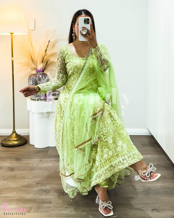 Light Green Net Anarkali Set with Elegant Thread Work (Sizes 32-42)