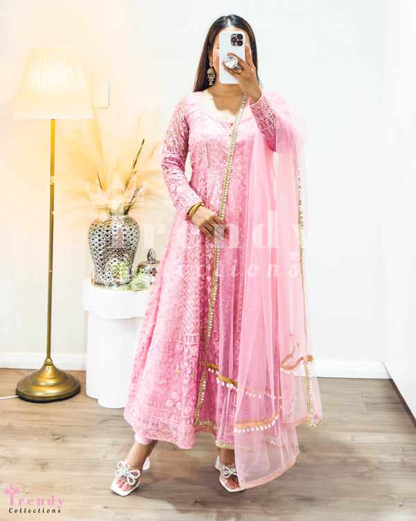 Pink Net Anarkali Set with Zari and Sequin Work (Sizes 32-42)