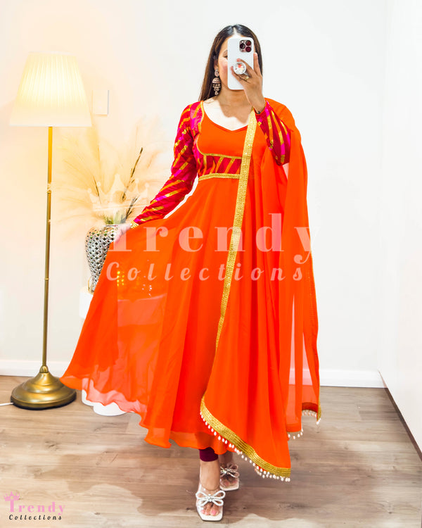 Tangerine Georgette Anarkali Set with Brocade Patch - Sizes 34-44