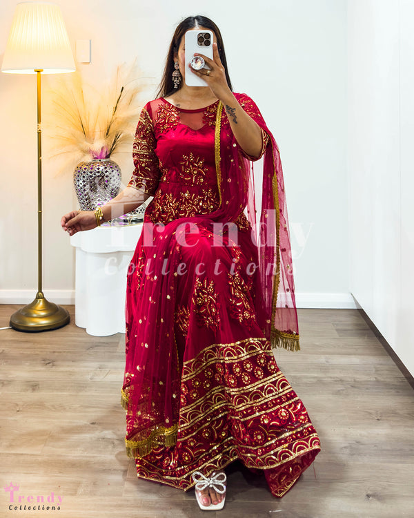 Crimson Red Long Anarkali Gown Set with Embroidery - Sizes 32-42
