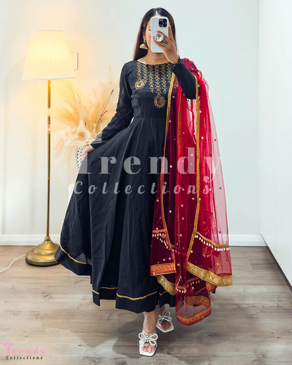 Black Silk Anarkali Dress with Beads and Sequin Work (Sizes 34-44)