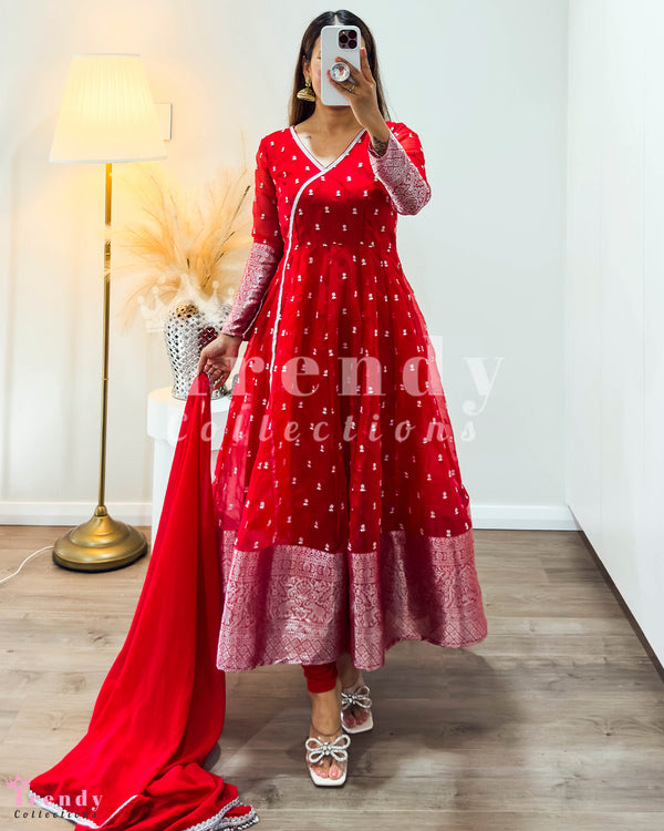 Red Organza Anarkali Dress with Banarasi Print (Sizes 32-44)