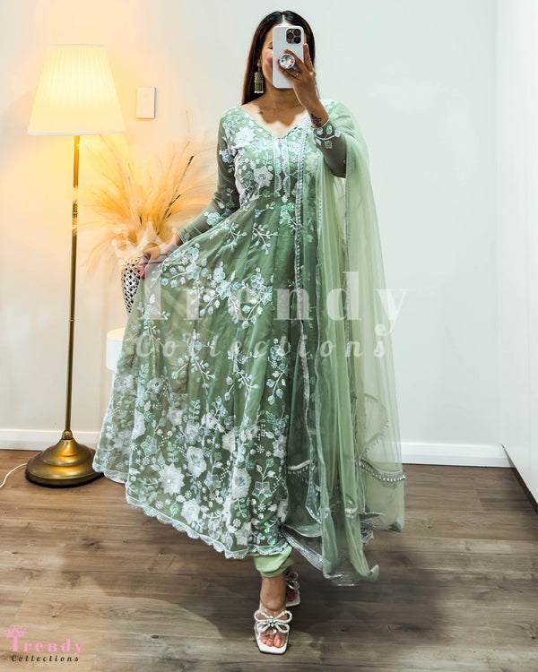 Dusky Green Georgette Anarkali Set with Heavy Thread and Sequin Embroidery (Sizes 34-44)