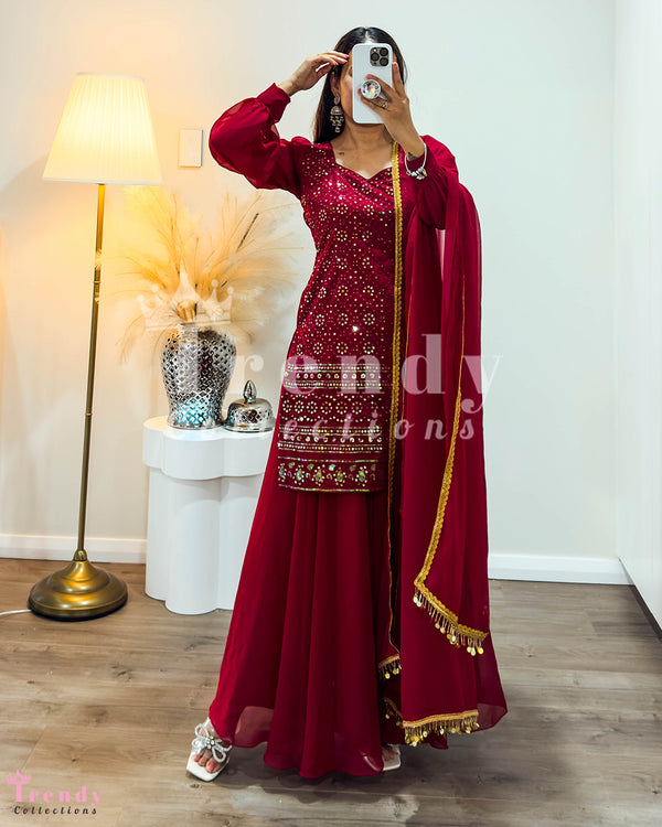 Maroon Georgette Sharara Set with Zari and Sequin Embroidery (Sizes 32-38)