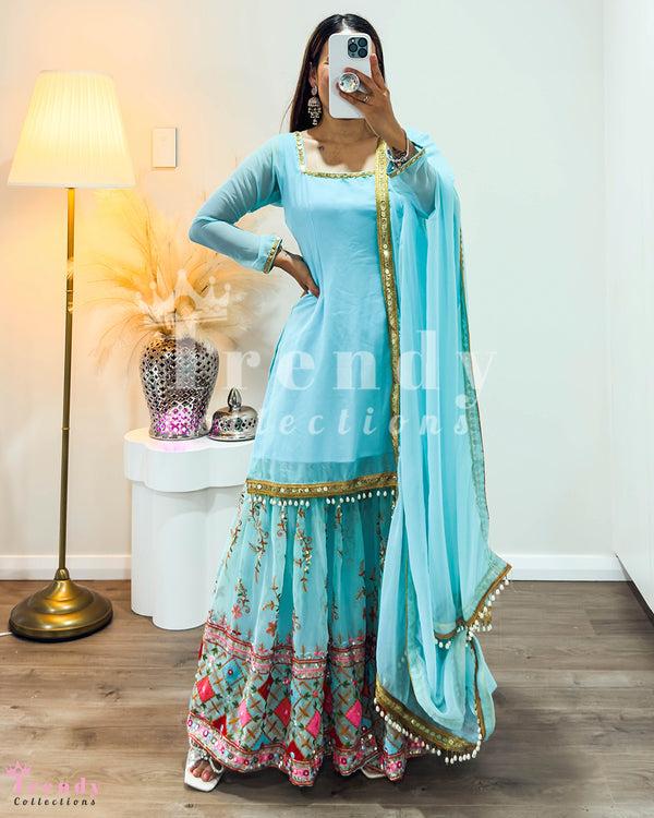 Sky Blue Georgette Sharara Set with Zari and Sequin Embroidery (Sizes 32-38)