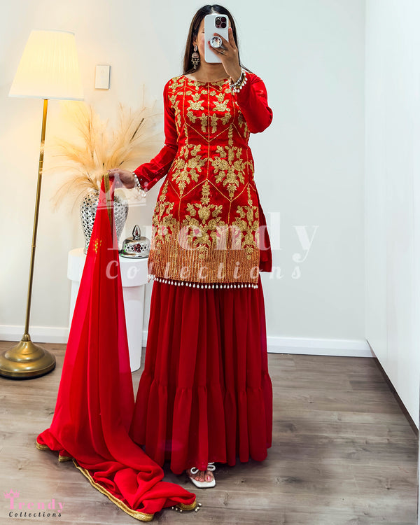 Red Georgette Sharara Set with Zari Embroidery (Sizes 32-40)