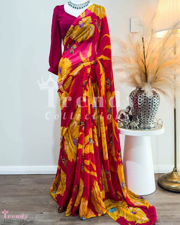 Pink and Yellow Chiffon Saree Set with Floral Print (Sizes 32-40)