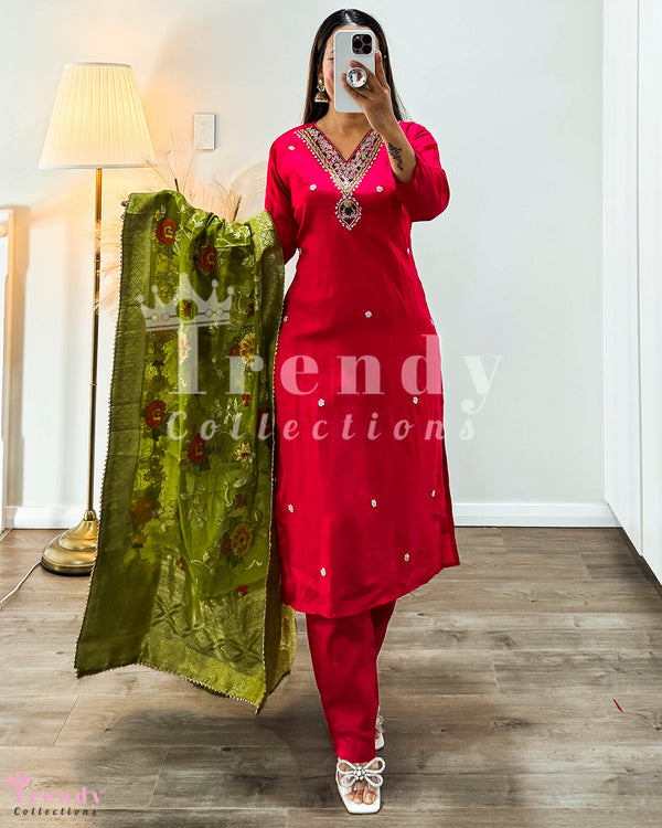 Reddish Pink Kurthi Set with Beads and Thread Embroidery- Sizes 40-44