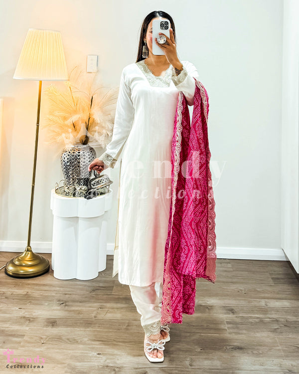 Stylish Nepali Cream Kurtha Suruwal & Pink Shawl set  (SIze 36 - 42 Available)