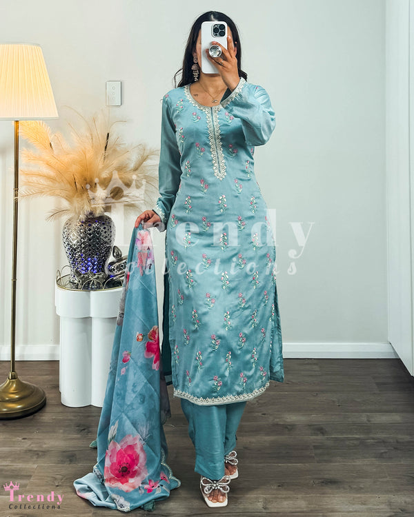 Dusky Blue Kurtha set With Thread & Sequin Work (SIze 36 - 42Available)